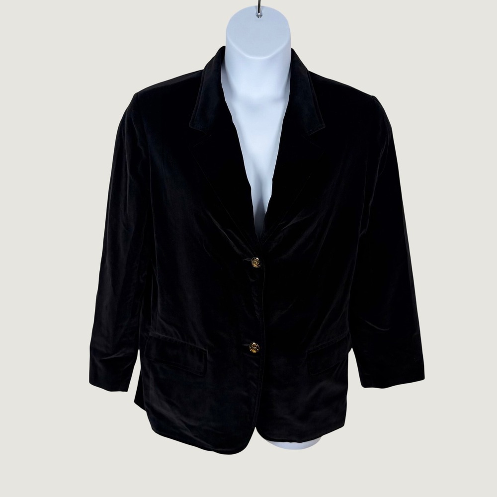 Vtg Liz Claiborne Lizsport PL Black Cotton Velvet Blazer Jacket Crest Button